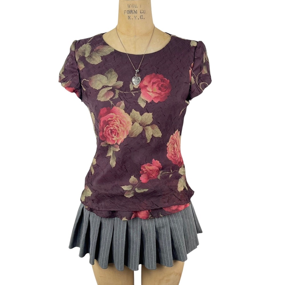 Vintage Dark Academia Floral Top Rose Print Textured Women‎ M 90s Style Romantic